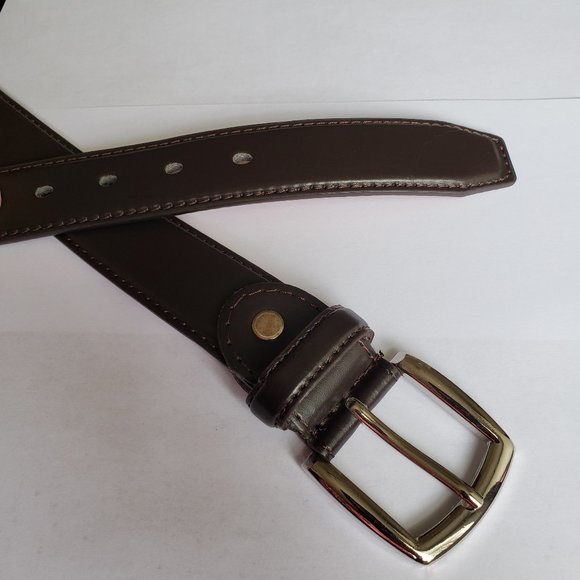 Men's Genuine Leather Brown Dress Belt Casual Silver Buckle Trapezoid End - Picture 3 of 3